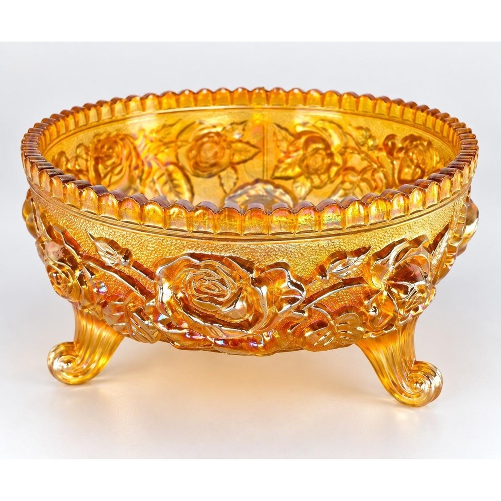 Imperial Glass Lustre Rose Marigold Carnival Glass Footed Bowl Antique c1911
